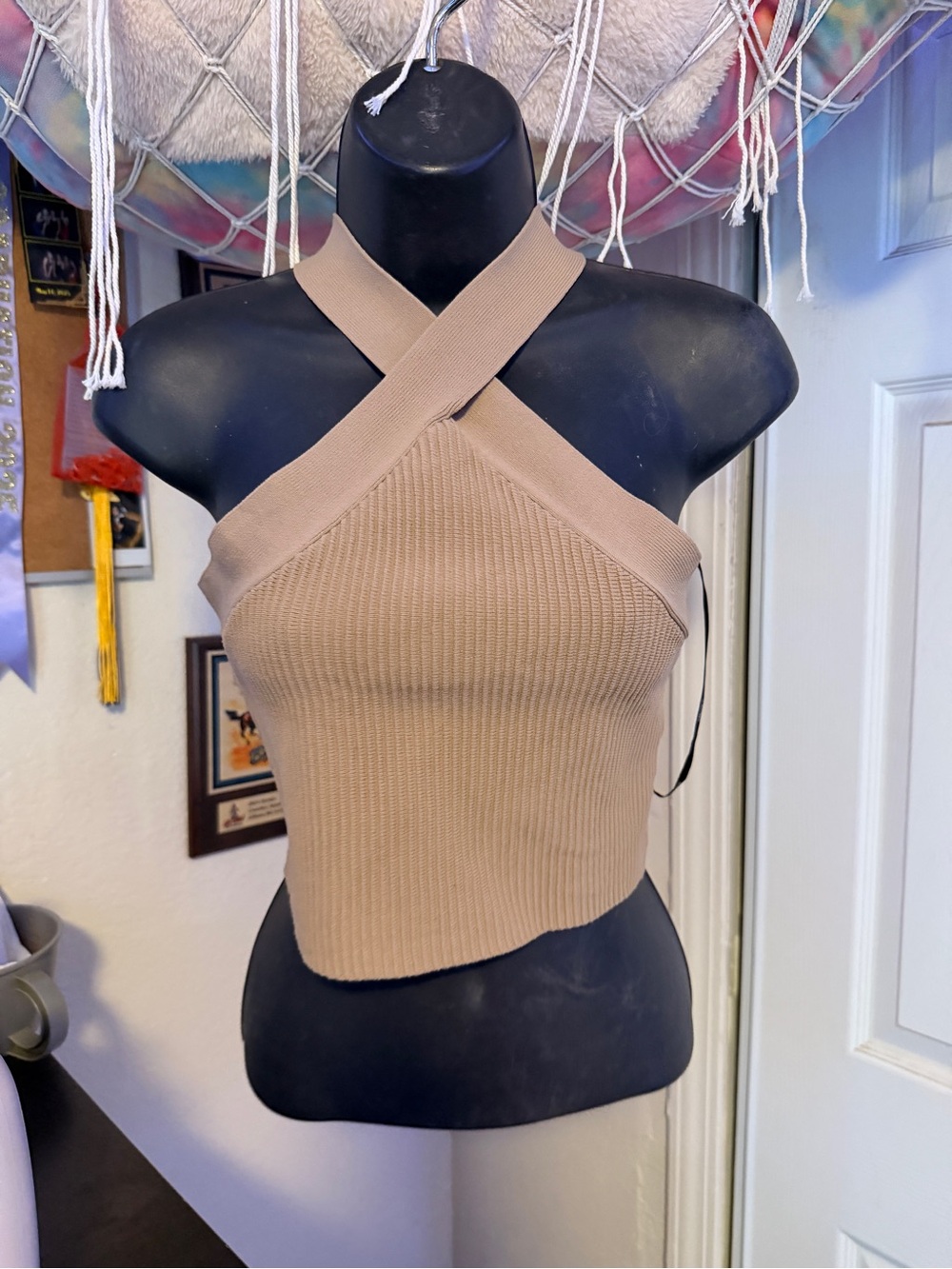 Forever 21 Ribbed Cross-Strap Halter Crop Top - Tan